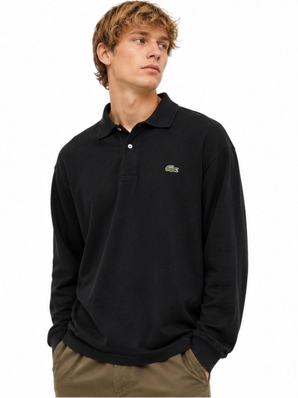 Lacoste Long Sleeve Polo Shirt Black Crocodile Logo Size 4 Medium 100% Cotton